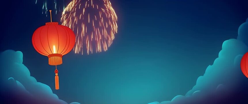 Floating lanterns gently ascend against a backdrop of vibrant fireworks, with a slow cinematic pan revealing a serene night sky filled with twinkling stars and ambient light motion.