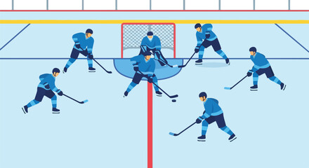 Fototapeta premium Dynamic ice hockey game illustration featuring multiple players on the rink, a goalie defending the net, and action-packed sports competition on a frozen surface.