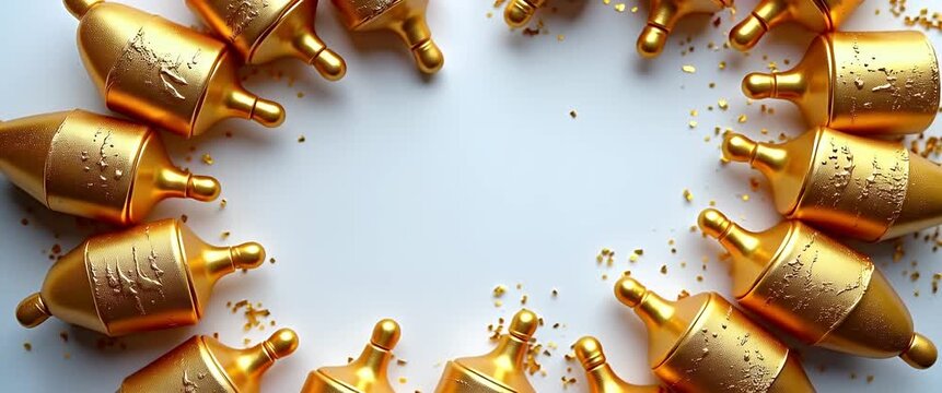 Glittering gold bottles gently rotate on a pristine white surface, while the camera slowly pans overhead, creating an elegant, cinematic ambiance with shimmering reflections and ample copy space.
