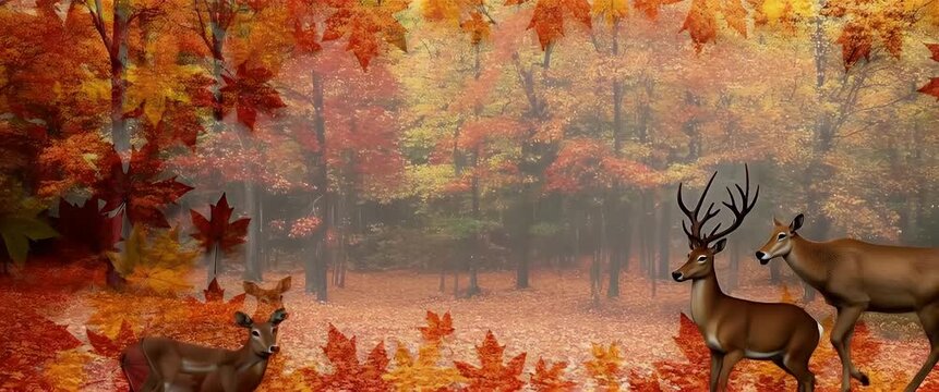 Autumn leaves gently sway as deer gracefully walk through a vibrant forest scene; the camera slowly pans, capturing a cinematic, nature-inspired tapestry perfect for seasonal content.