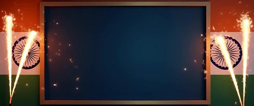 Festive fireworks illuminate a blank chalkboard framed by the Indian flag, as the camera slowly pans across this vibrant, celebratory scene with gentle sparkler motion, perfect for a cinematic introdu