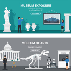 Naklejka premium Museum exhibition banner set with art gallery statue dinosaur skeleton and ticket counter