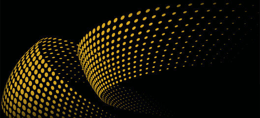 Black abstract background. Modern glowing yellow geometric shape lines. Motion lines. Spiral square. Trendy geometry. Linear pattern. Suit for banner, backdrop, cover, flyer, website, poster