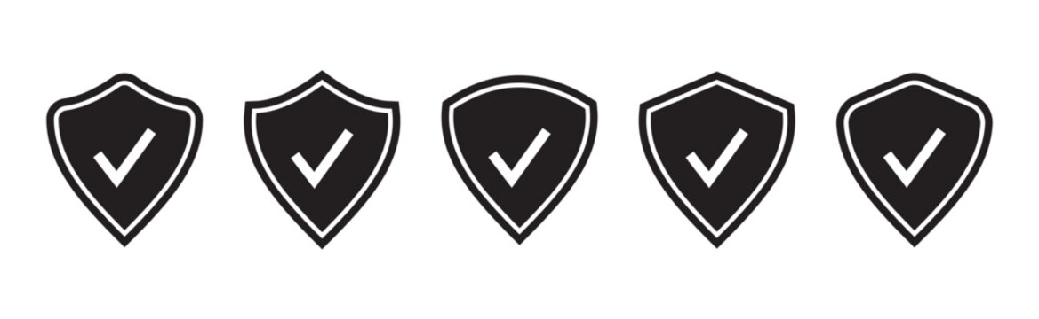 Shield check mark icon set. Security shield protection icon. Shield with tick symbol. Security protection sign. Vector illustration