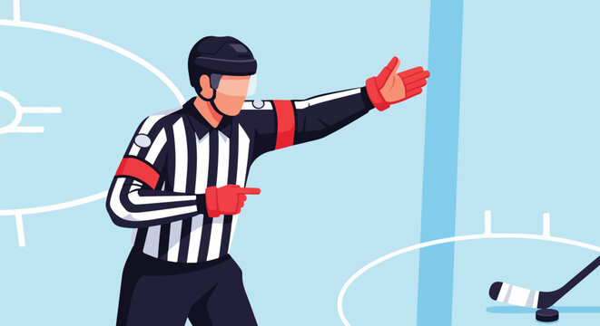 Ice Hockey Referee Signaling Penalty Call on the Ice Rink with Stick and Puck in the Background