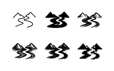Collection of six stylized mountain and river icons in various artistic styles
