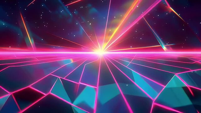 Vibrant Neon Light Beams Radiating from Central Point in Futuristic Space.