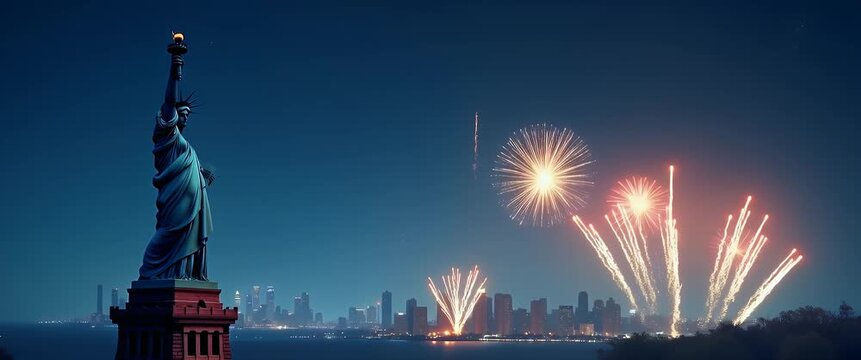 Vibrant fireworks burst over the Statue of Liberty at dusk, with a slow cinematic pan capturing the sparkling city skyline, creating a majestic, celebratory atmosphere.
