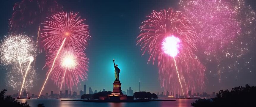 Vibrant fireworks burst over the Statue of Liberty at dusk, with a slow cinematic pan capturing the sparkling city skyline, creating a majestic, celebratory atmosphere.