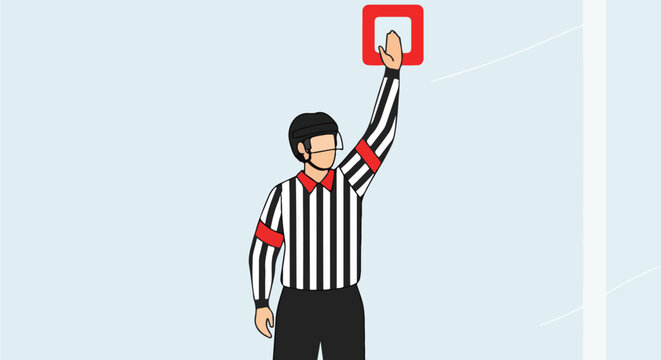 American football referee signaling a penalty with a red flag during a game, isolated on a light blue background.