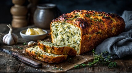 Dark Moody Bakery Scene Featuring Herb Cheese Loaf Surrounded by Rustic Ingredients and Atmospheric Lighting
