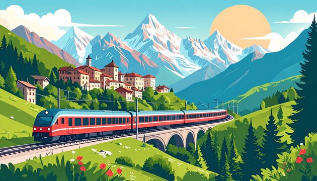 Scenic red passenger train traveling across an arched stone viaduct illustration in the sunny European Alps overlooking a beautiful hillside village
