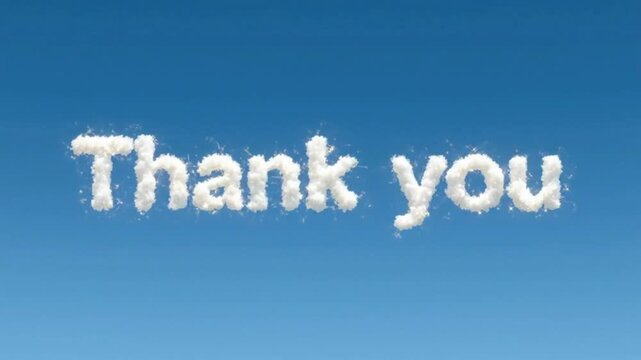 Whimsical cloud formations spell out "Thank you" against a clear blue sky, creating a cheerful and uplifting visual message. bighter video