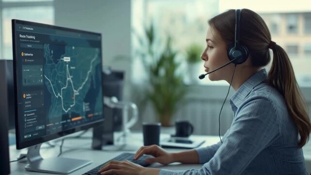A focused woman using a headset monitors a digital map on her computer, likely involved in logistics or customer support. give advice video	
