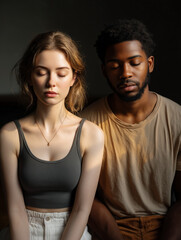 Obraz premium Diverse couple meditating for mindfulness and inner peace