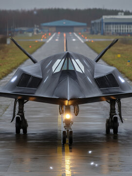 F-117 nighthawk stealth combat jet on wet runway
