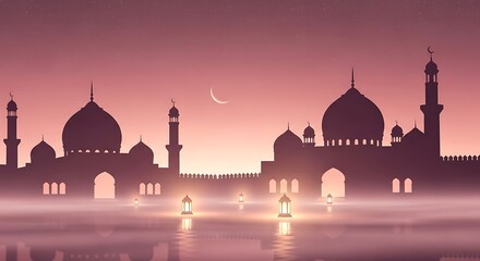 Beautiful Mosque Silhouette at Dusk with Crescent Moon and Lanterns.