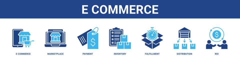 Naklejka premium E Commerce web banner icon set collection solid style.