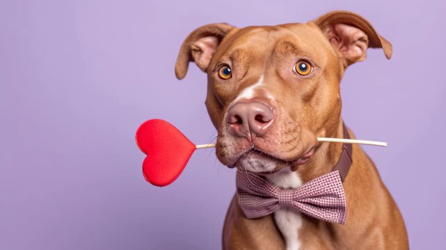 Cute pitbull dog holding paper heart topper stick in the mouth isolated on soft purple background close up. Lovely puppy. Give love. Symbol of St. Valentine's Day. Sign of loving, funny greeting card.