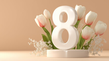 International womens day number eight with tulips on beige background