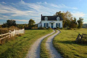 Obraz premium Pastoral countryside scene: path through meadow to a quaint sky-blue farmhouse