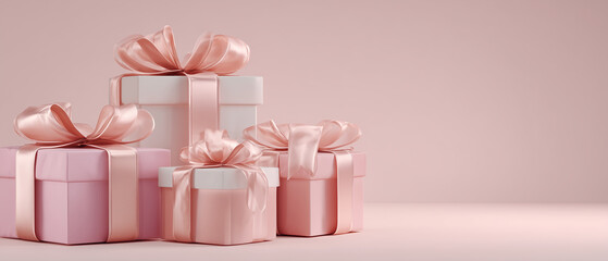 Pink gift boxes with ribbons minimal holiday background copy space
