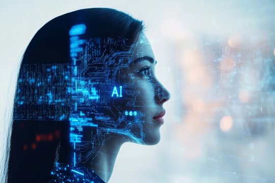 Enhanced employee's skills to work effectively with AI, woman.