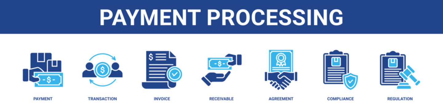 Payment Processing web banner icon set collection solid style.
