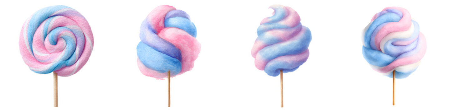 Set of watercolor cotton candy lollipops isolated on transparent background