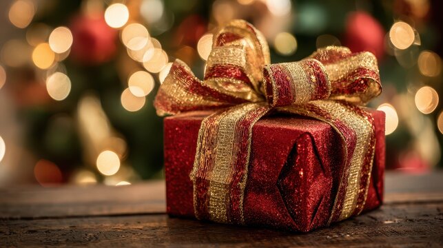 Presentaci&Atilde;&sup3;n festiva: caja roja envuelta en cintas doradas bajo un &Atilde;&iexcl;rbol decorado
