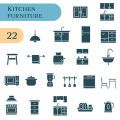 Icons of kitchen furniture for home, interior, and household appliances. Filled interior icons.