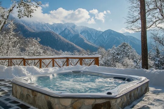 Jacuzzi against the backdrop of winter mountains.