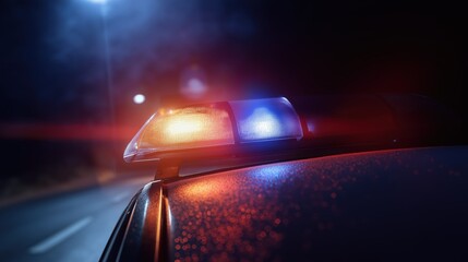 Obraz premium Police car with flashing lights at night on deserted road 