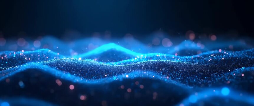 Glowing particles gently rise and fall like ocean waves, as the camera slowly pans across a mesmerizing, futuristic landscape in a cinematic, ambient style.