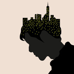 Silhouette of a person with a night city in their head. Conceptual illustration with a silhouette of a person's profile.