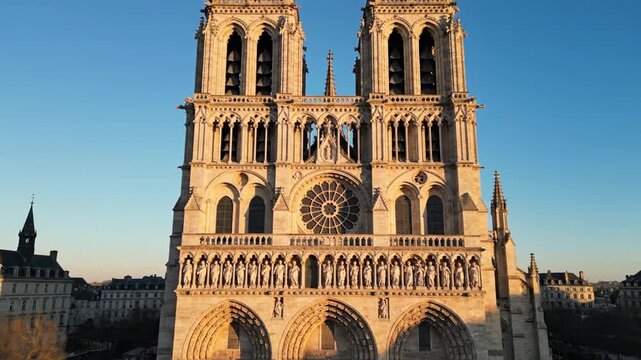 Notre Dame Cathedral facade in Paris during golden hour