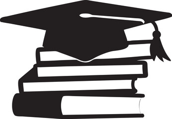 Graduation Cap with Books Overlay Collection in Black and White Silhouette Symbolizing Education, Learning, and Academic Achievement