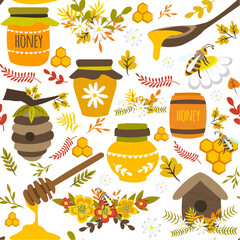 Honey Bee Overlay Collection with Jars, Honeycombs, Bees, Flowers, Beehive, and Wooden Bee House in Vibrant Yellow-Orange Theme