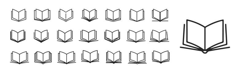 Open Book Icon Evolution Overlay Collection with Progressive Stylized Designs from Minimalist Thin Lines to Bold Black Variations