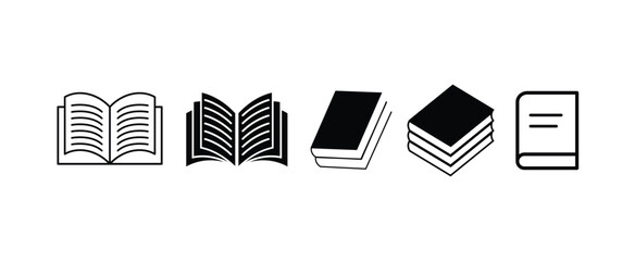 Book Icon Overlay Collection with Open and Closed Books, Stacked Volumes, and Stylized Covers in Black and White
