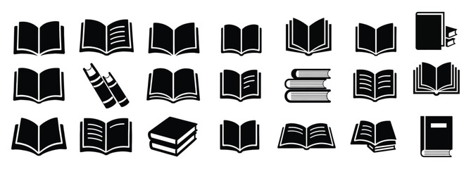 Book Icon Overlay Collection with 20 Black and White Designs Featuring Open Books, Closed Books, Stacked Volumes, and Stylized Pages