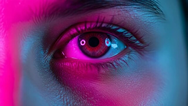 Closeup Human Eye with Red Iris and Long Eyelashes Glowing in Vibrant Neon Pink Blue Purple Lighting, Futuristic Gaze Macro Shot 4K Video