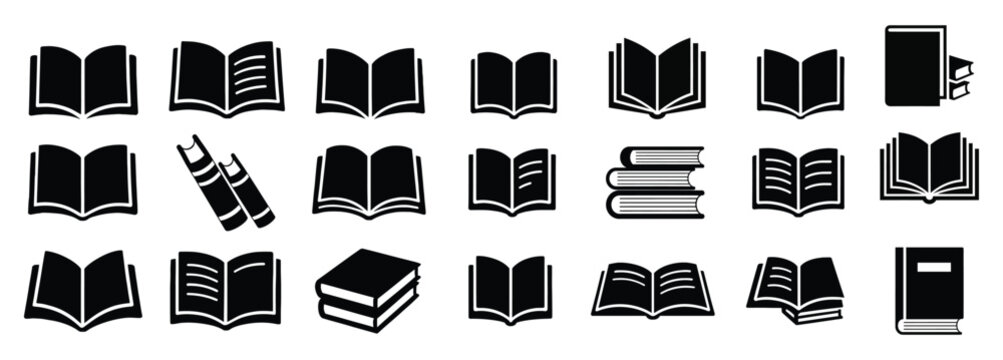 Book Icon Overlay Collection with 20 Black and White Designs Featuring Open Books, Closed Books, Stacked Volumes, and Stylized Pages