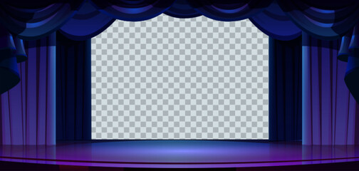 Theater Stage Overlay Collection with Dark Blue Curtains, Draped Valances, Illuminated Purple-Blue Floor, and Transparent Background for Performance Themes