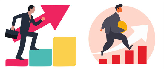 Fototapeta premium Businessman running and climbing up bar charts with arrows, symbolizing career growth and financial wealth