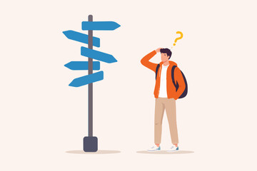 Lost man at crossroad sign