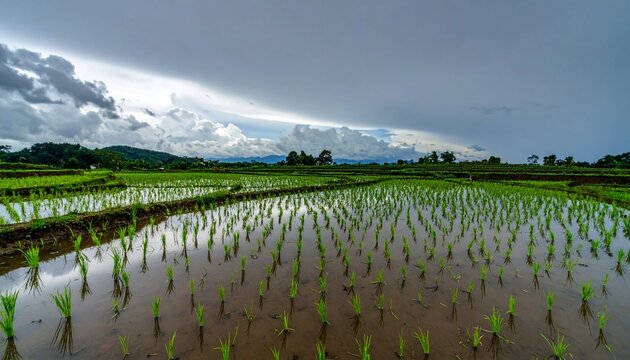 Fresh rice paddy field with young plants beneath moody overcast sky.