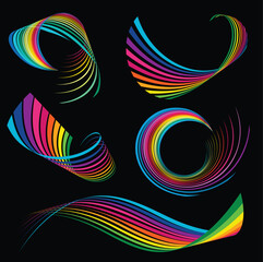Abstract Colorful Ribbon Overlay Collection with Spiral, Wave, Loop, Swirl, and Swoosh Shapes on Black Background