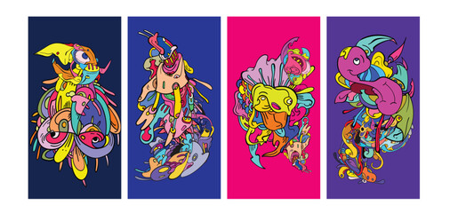 Abstract Psychedelic Cartoon Creature Panel Overlay Collection with Colorful Surreal Organic Shapes, Whimsical Characters, and Dynamic Fantasy Patterns