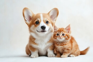 Obraz premium Cute Welsh corgi puppy and a red kitten sit together on a white background. isolated on a white background
